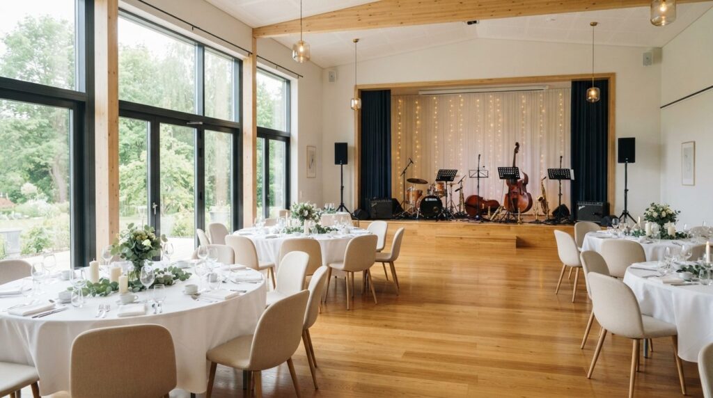 Interior design photograph of a bright, modern wedding hall 