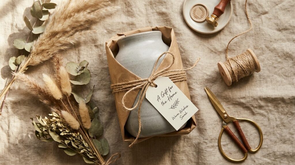Close-up flat lay photography of luxury gift wrapping for ho