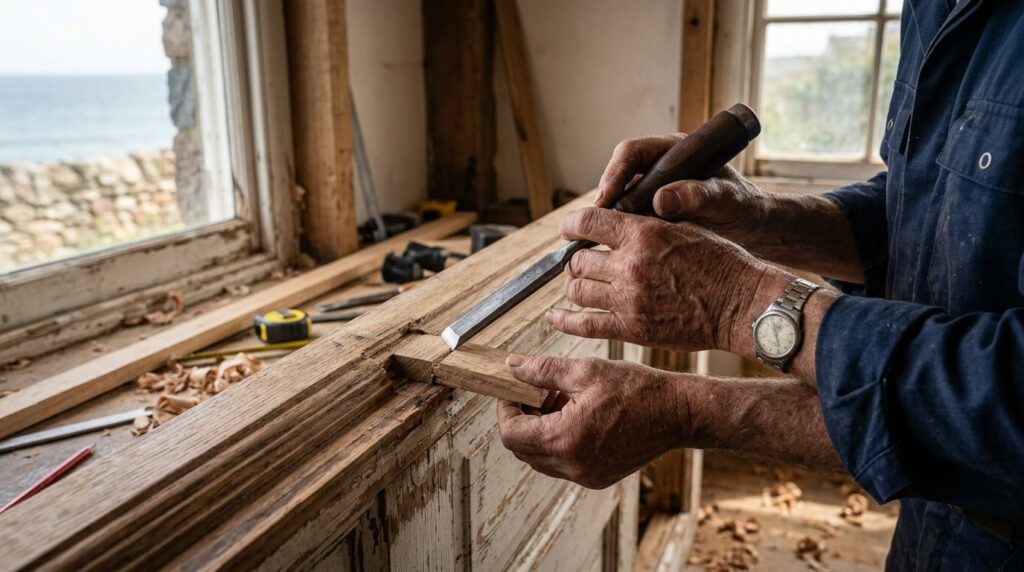 Close-up of skilled carpenters hands working on wooden door