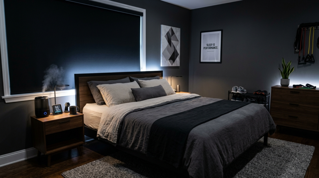 Modern bedroom interior showing sleep optimization setup: bl