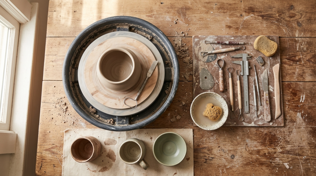 Overhead flat-lay professional photograph of ceramic workspa