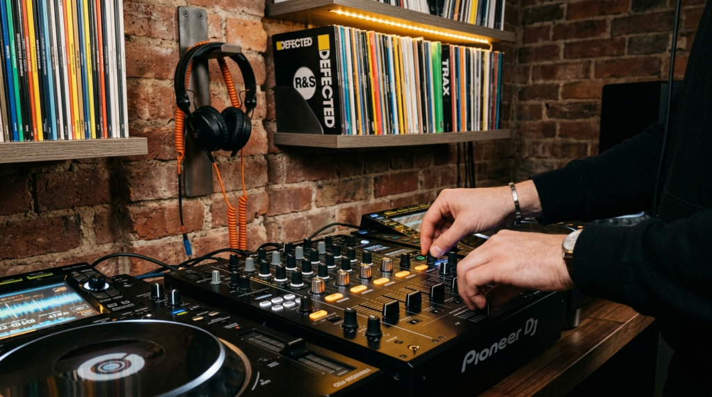 Close-up detail shot of professional DJ equipment in home st