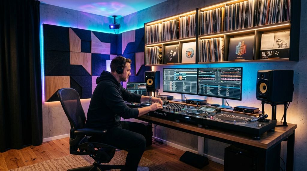 Modern home DJ room interior design with full setup visible.