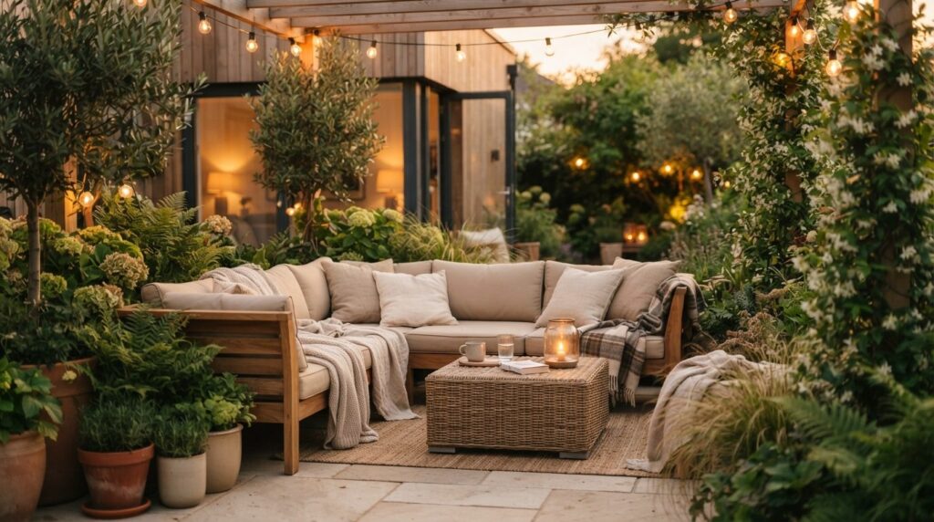 Close-up lifestyle photo of a contemporary outdoor living ar