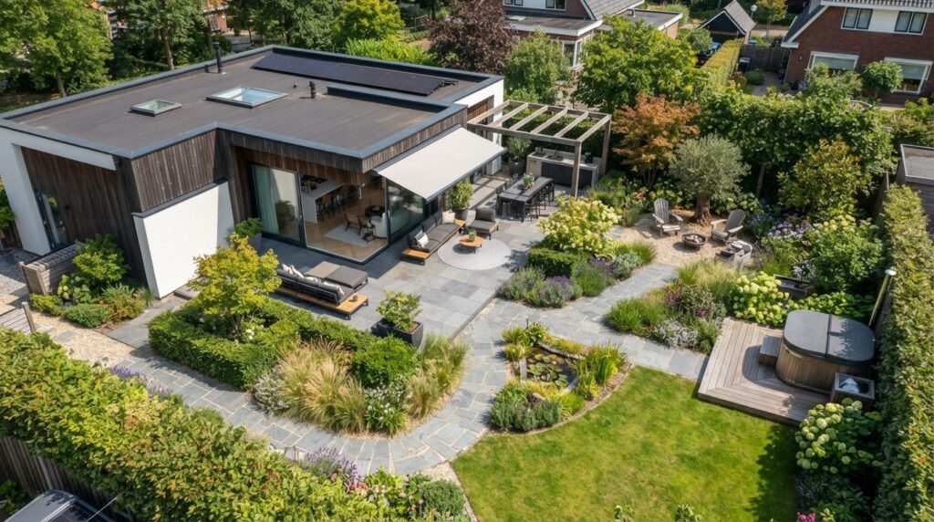 Overhead view of a well-designed residential garden with def