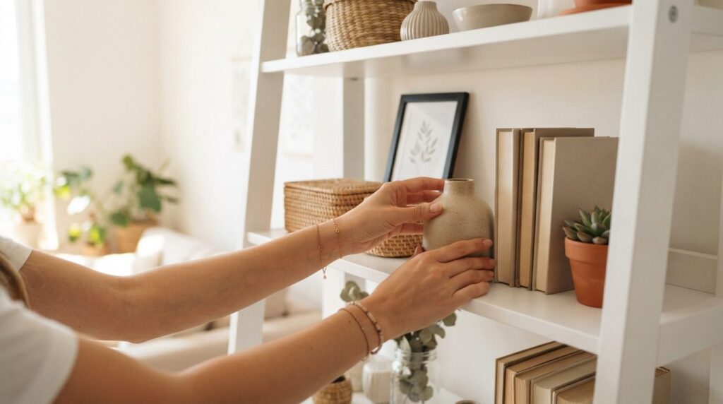 Close-up lifestyle shot of hands organizing and styling affo