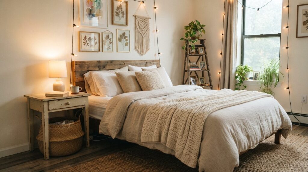 A cozy bedroom corner featuring a bed with affordable but st
