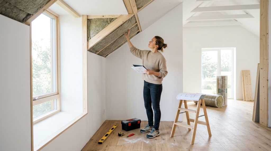 Modern home renovation scene showing a homeowner or architec