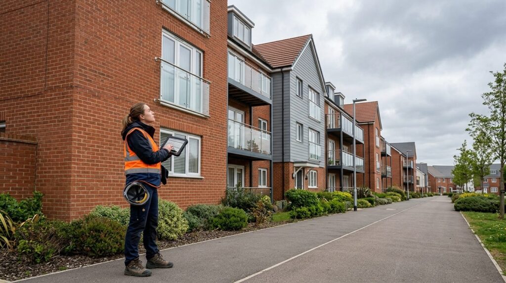 Wide shot of a property surveyor or building inspector exami