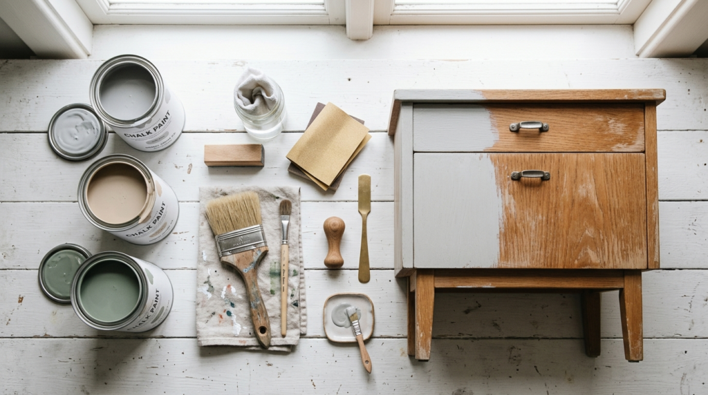 Styled flat lay of chalk paint DIY project supplies on white