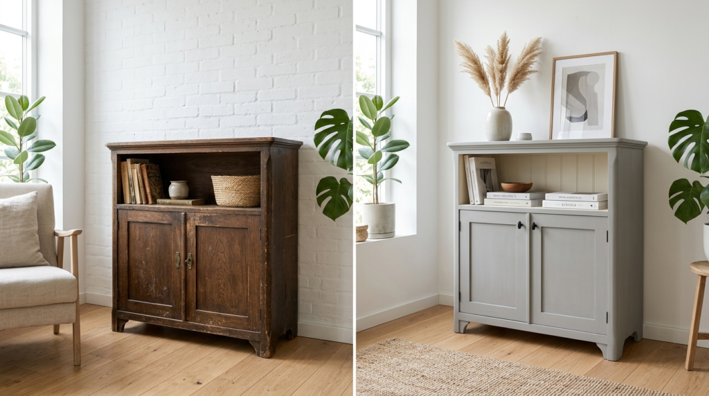 Before and after transformation of painted wooden furniture