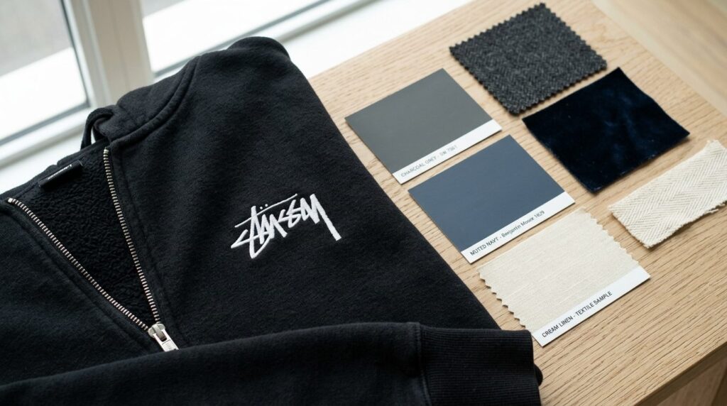 Close-up detail shot of a black Stüssy zip hoodie fabric tex