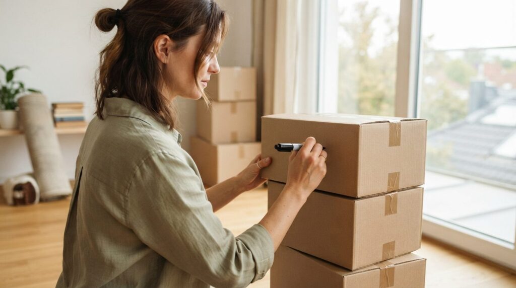 Close-up professional stock photo of a woman labeling a card