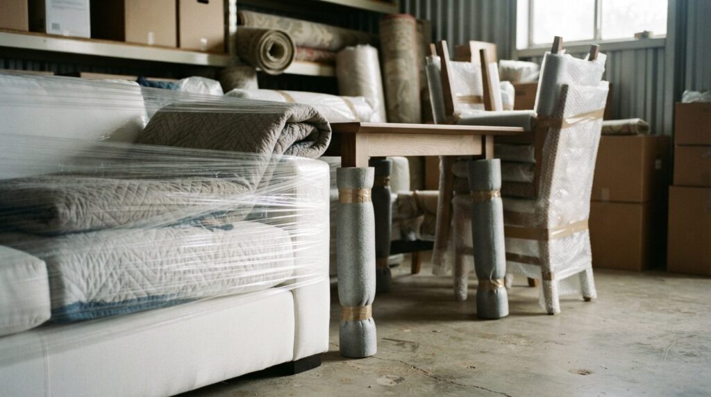 Close-up detail of properly wrapped furniture in storage - a