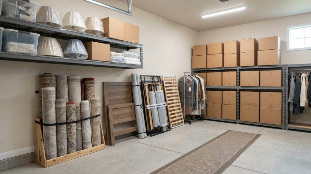 Wide-angle view of a residential garage conversion storage s