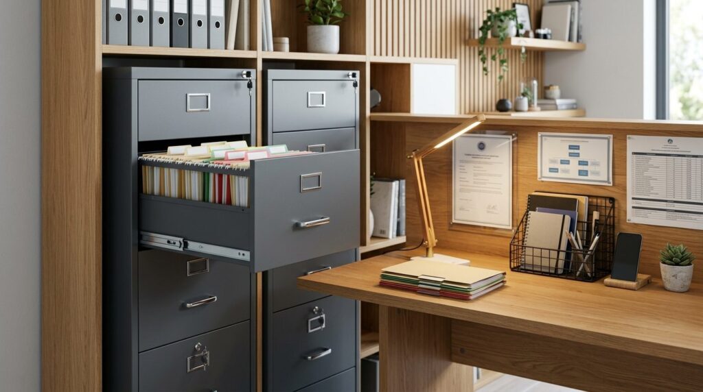 Close-up of a secure home office document storage system wit
