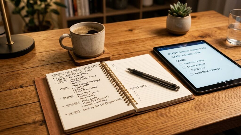 Close-up of a digital checklist or planning notebook on a wo