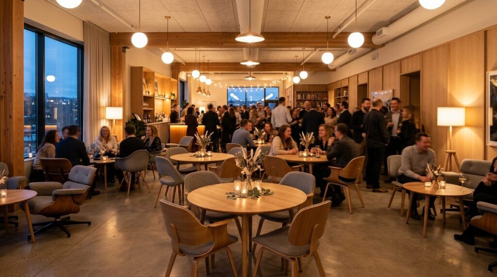 Wide shot of an intimate private gathering space decorated w