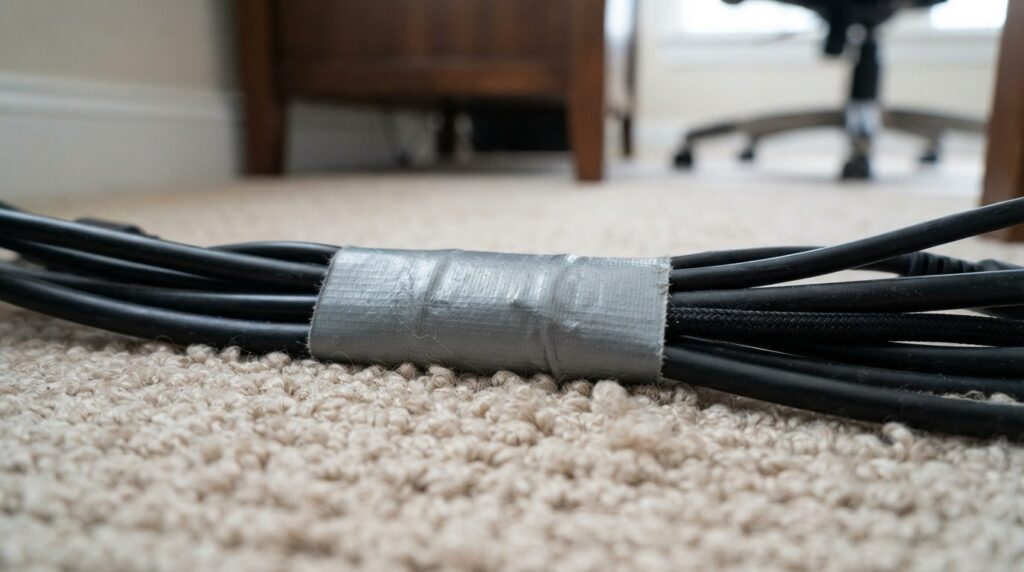 Close-up detail shot of heavy-duty gray PVC tape firmly secu