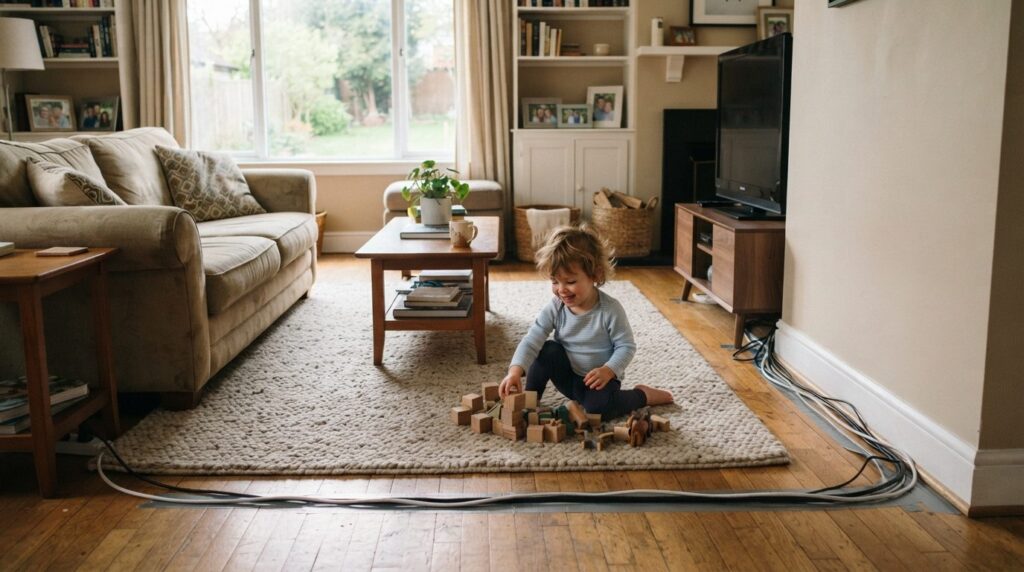 Realistic household scene of a bright family living room wit