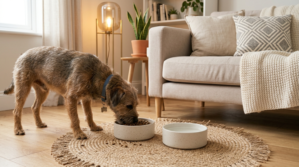 Close-up of a budget-friendly dog feeding corner in a cozy l