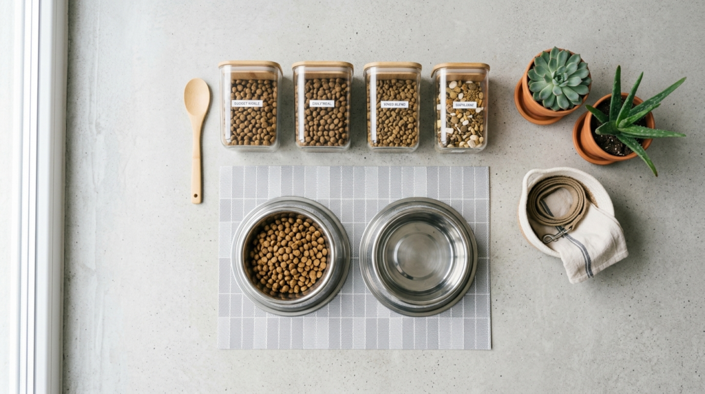 Overhead flat-lay composition of a minimalist dog nutrition 
