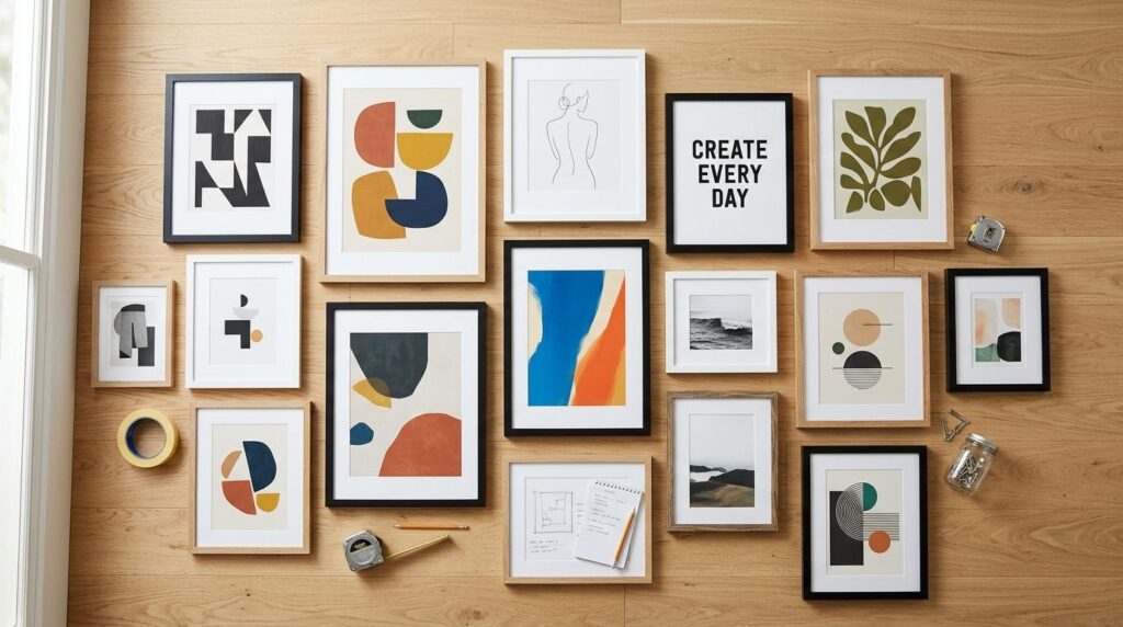 Overhead flat lay composition showing multiple framed poster
