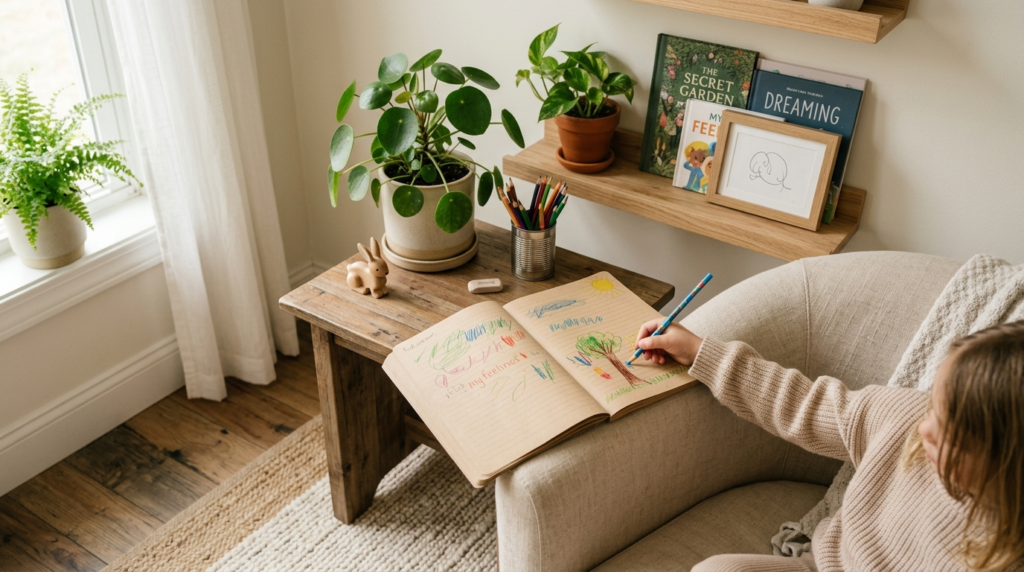 Close-up of a peaceful childs corner featuring a soft fabri