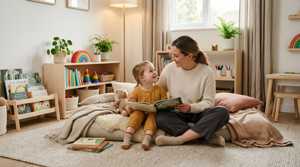 Bright, organized childrens living space showing a parent a
