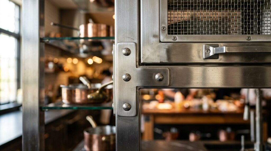 Close-up detail shot of luxury industrial kitchen metalwork 
