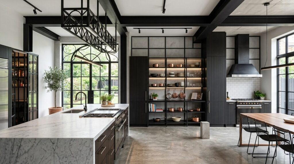 Wide-angle interior design photograph of a sophisticated ind