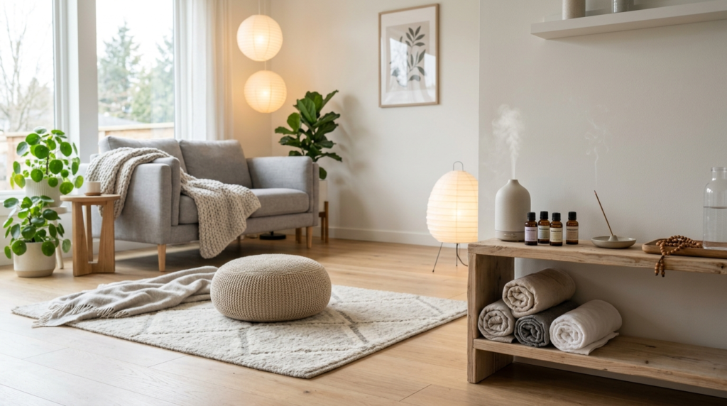 Serene meditation corner in a contemporary living room featu