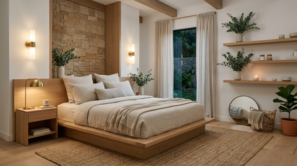 Elegant spa-inspired bedroom with a low platform bed in natu