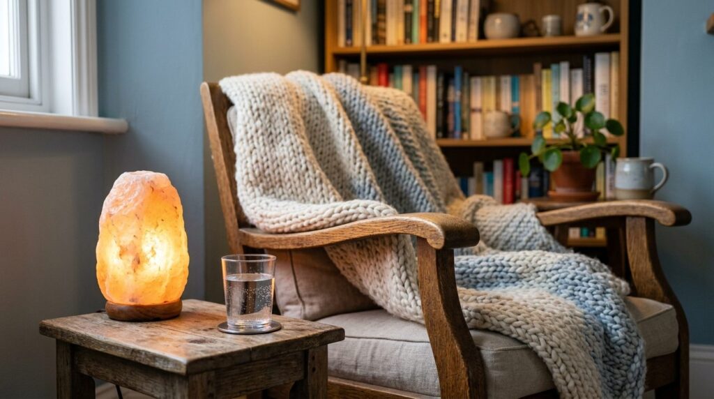 Close-up of a cozy home corner with soft blue-grey walls, a