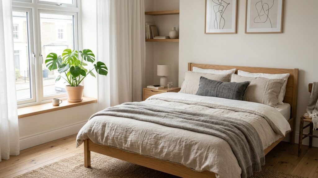 Modern Scandinavian bedroom with soft natural daylight strea