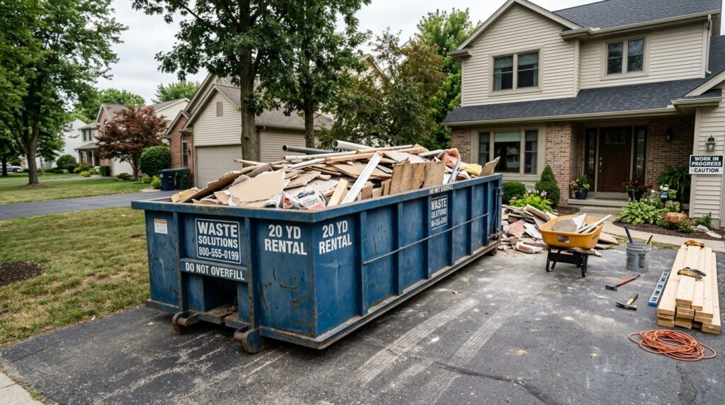 Wide angle photograph of a full rental waste container posit