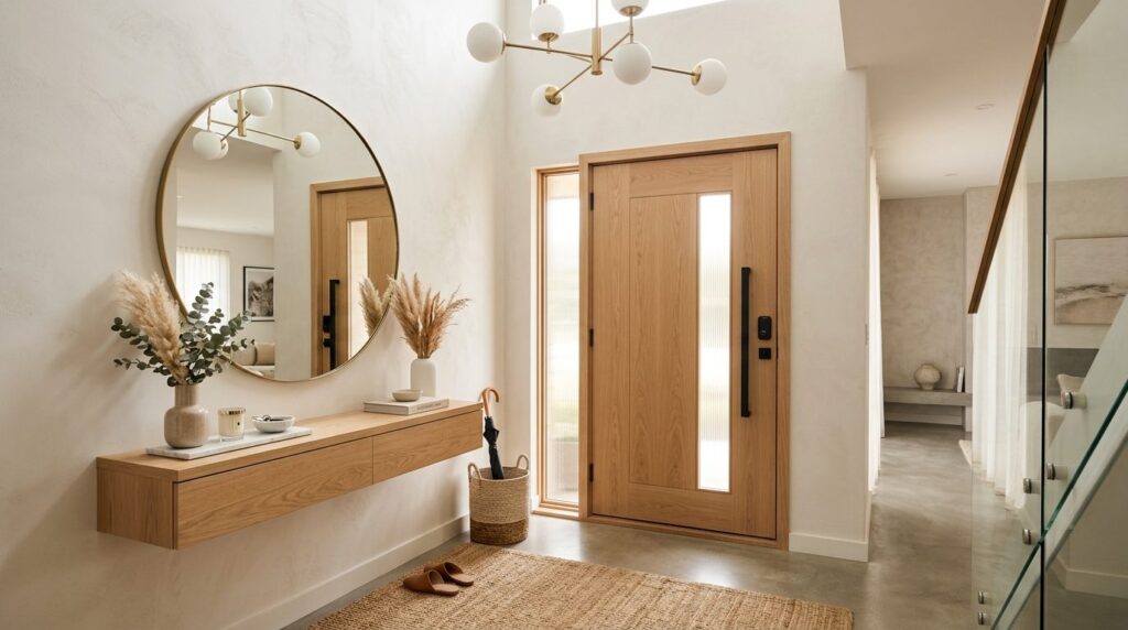 Styled entryway interior shot featuring a contemporary light