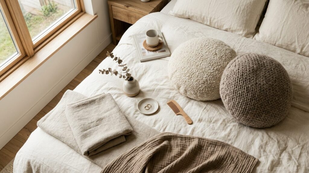 Scandinavian home interior flat lay featuring large round pl