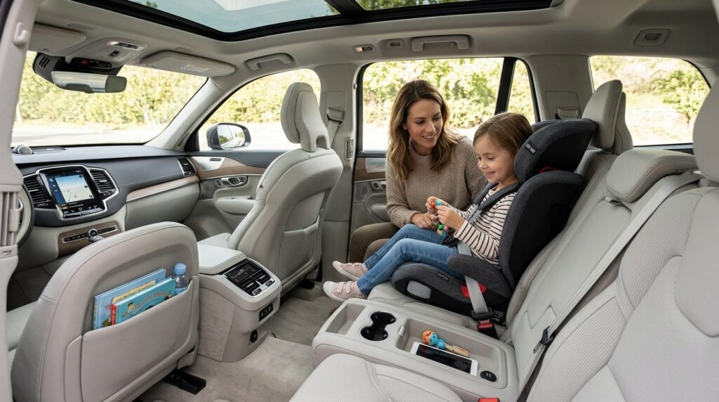 Close-up interior shot of a spacious, modern family car cabi