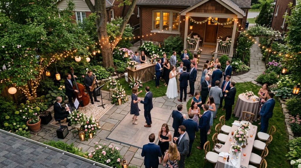 Overhead photorealistic view of a small backyard wedding gat