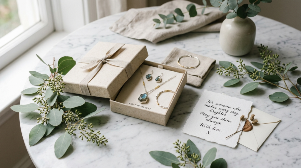 An elegantly styled gift presentation scene showing handcraf