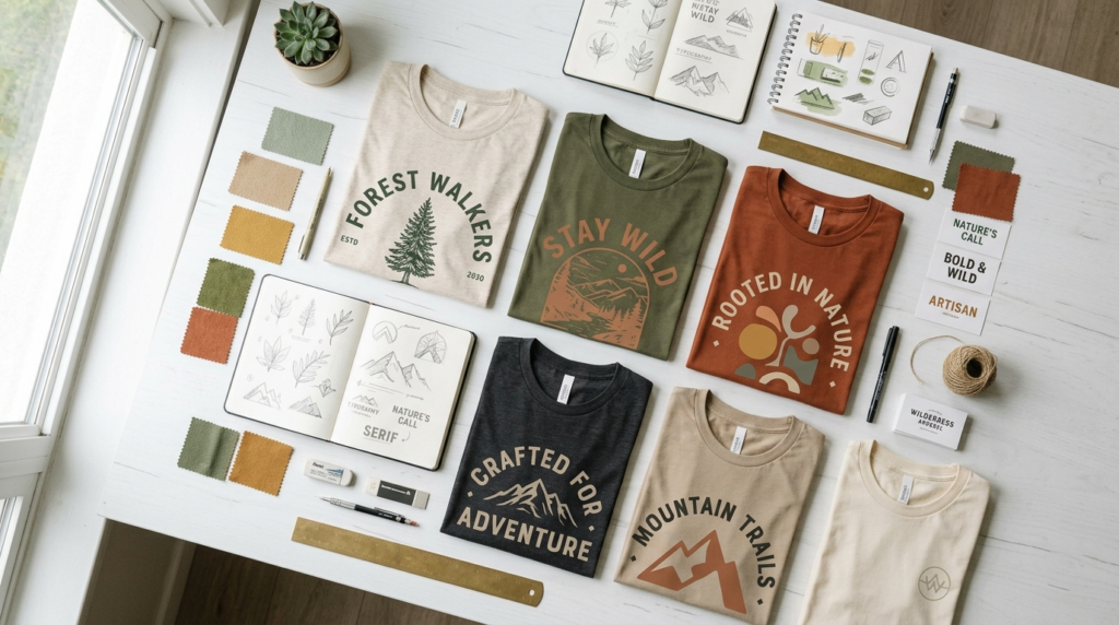 Flat lay overhead shot of a designers workspace showing mul