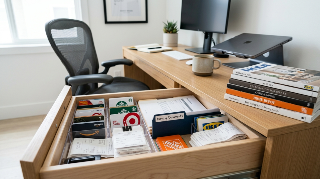 Photorealistic stock photo, 16:9 composition: Open desk draw