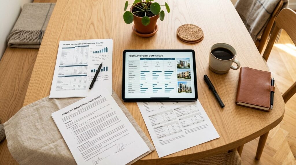 Close-up overhead shot of organized paperwork, digital table