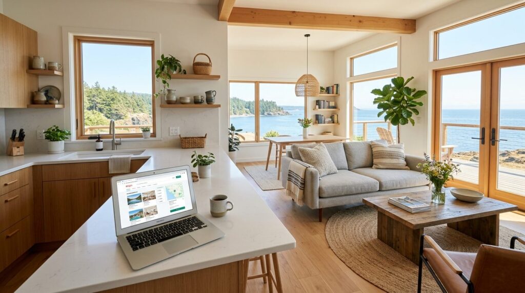 Wide angle photograph of a modern vacation cottage kitchen a