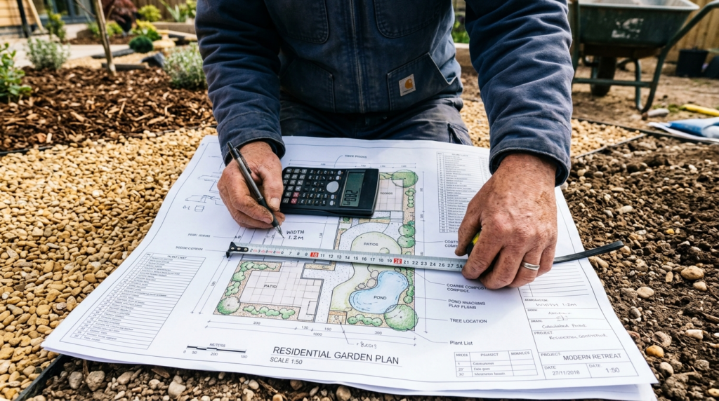 Close-up of gardeners hands using measuring tape and calcul