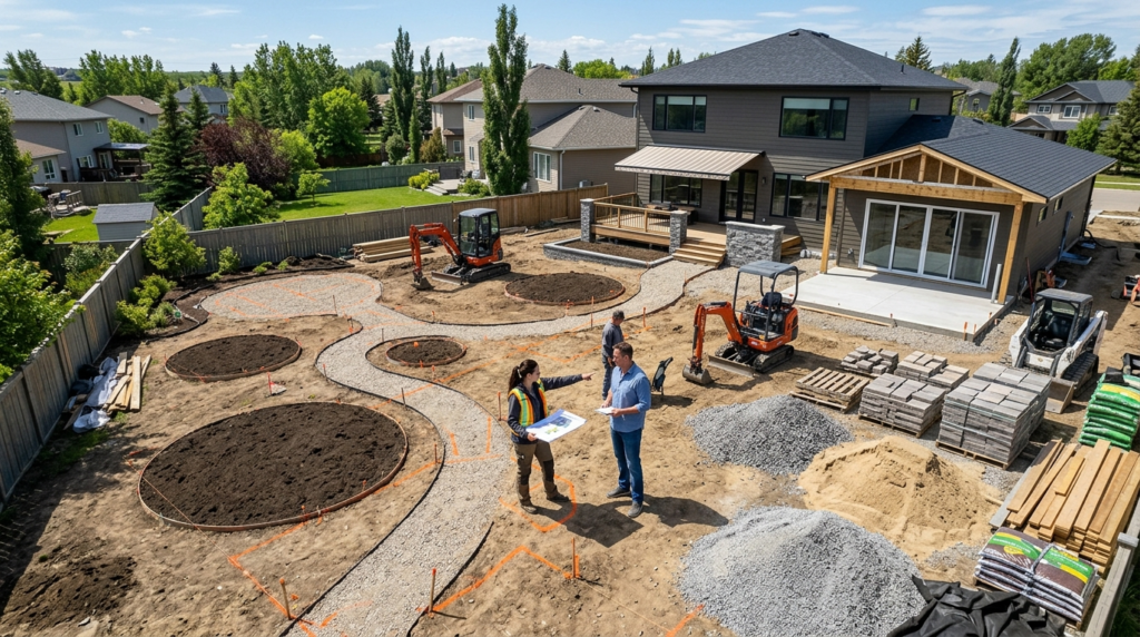 Wide aerial view of residential backyard renovation in progr